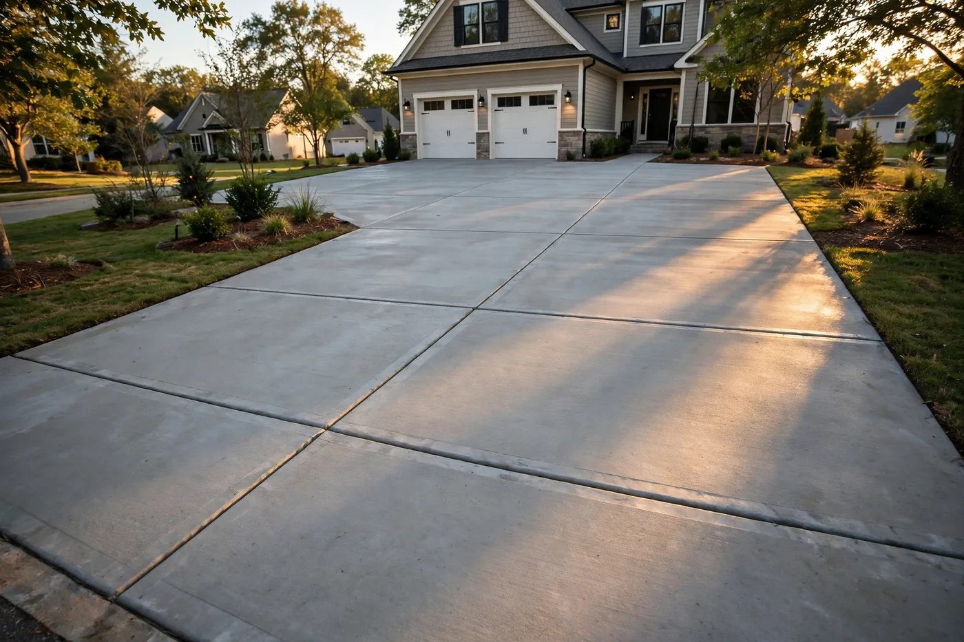A freshly finished concrete driveway