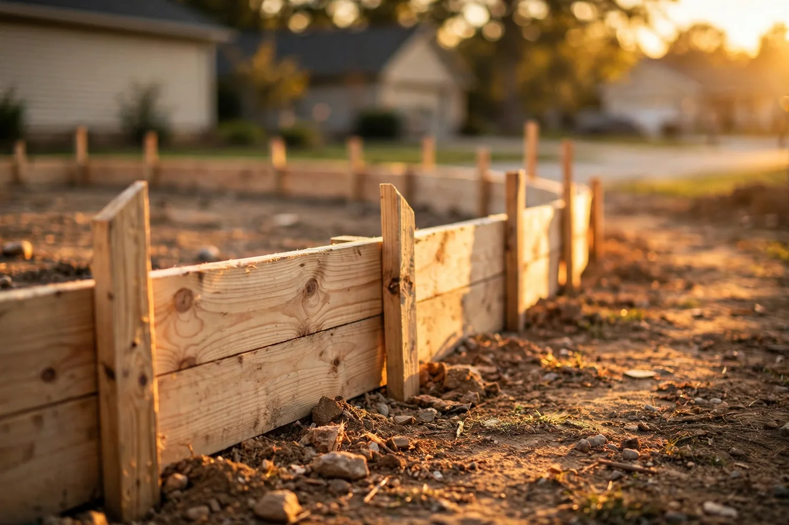 Wooden formwork staked out for a new concrete driveway